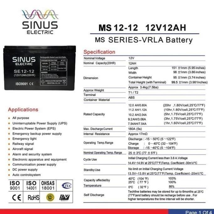 Aki Sepeda Listrik Vita-T 12V 12Ah Aki Vrla Sinus 12-14