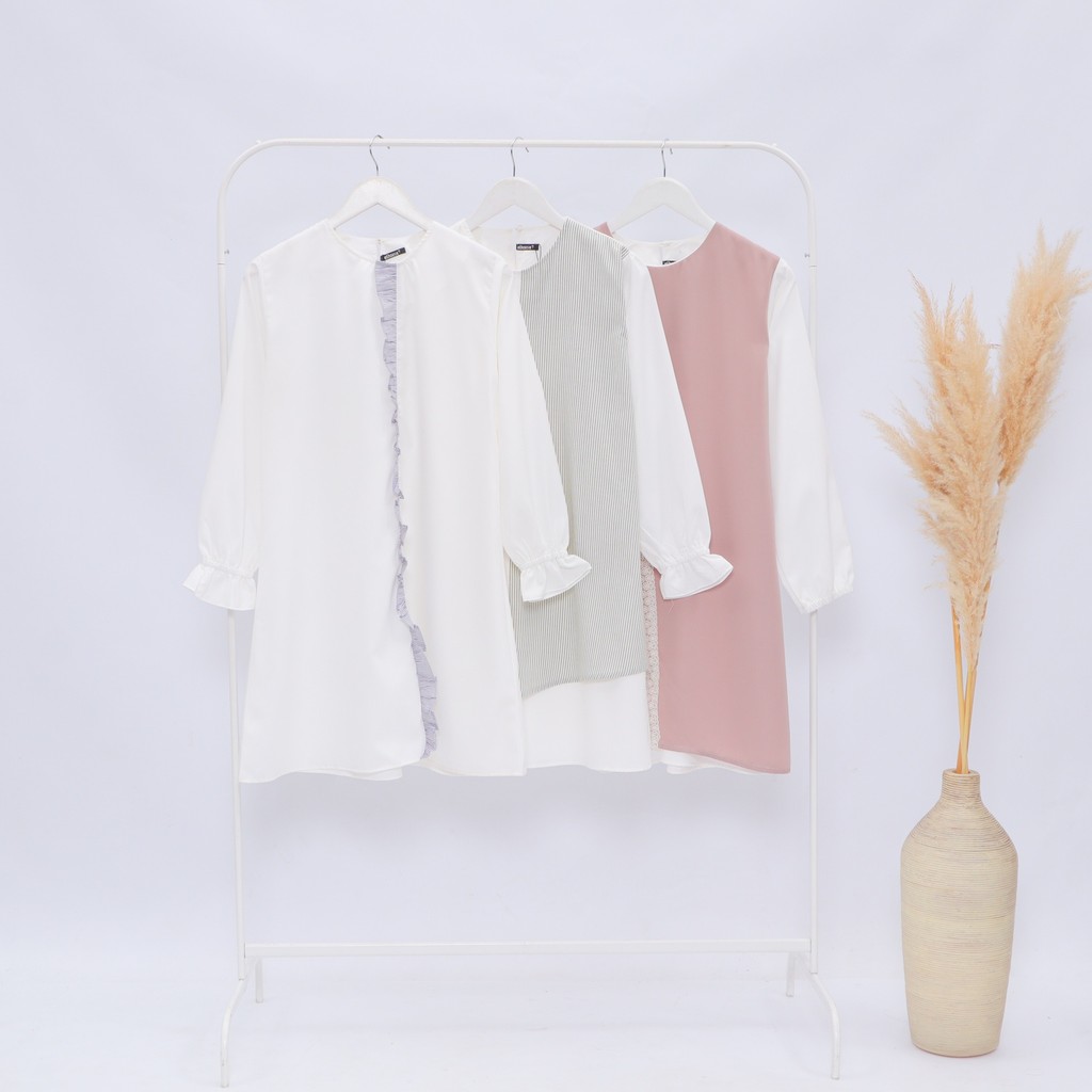 Atasan Tunik Wanita Korean Style / Tunik Ruffle Lengan Panjang / Tunik Putih Polos Salur By Elhouse