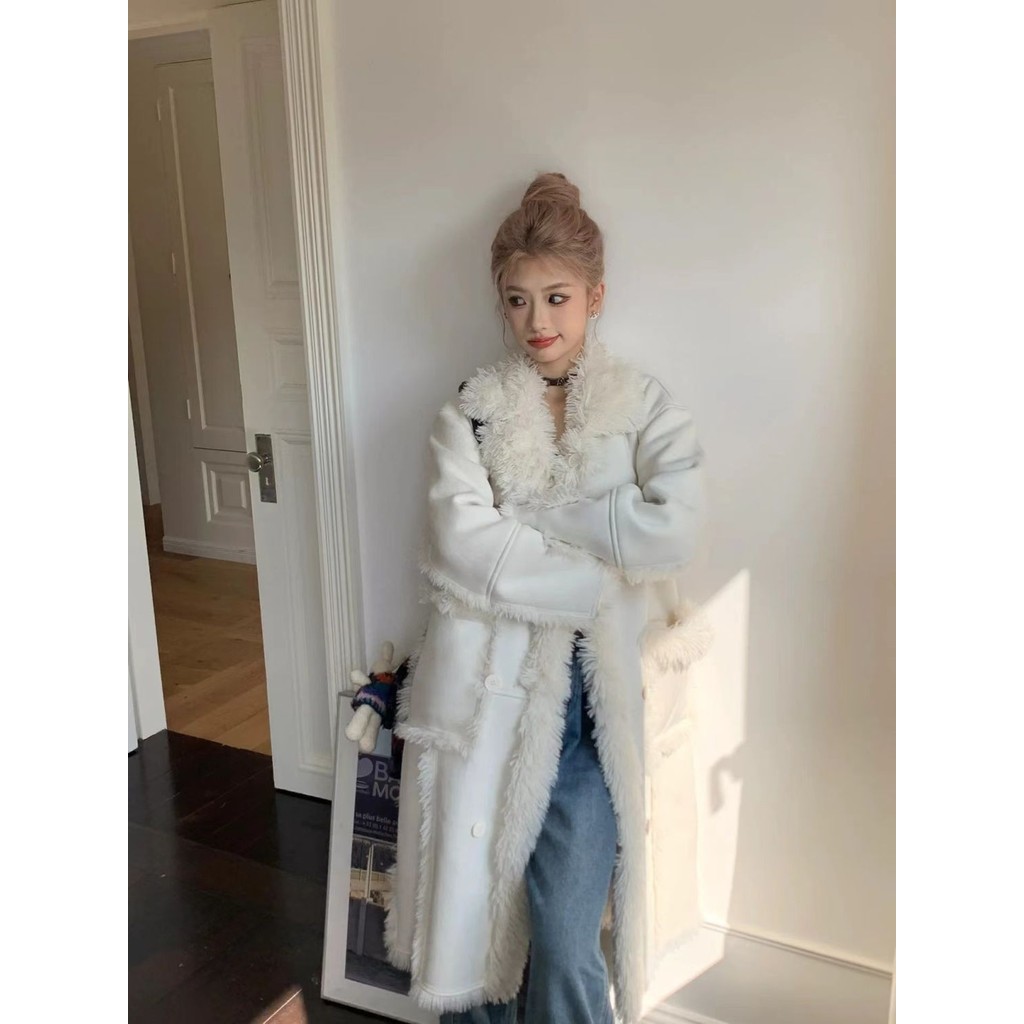 Jaket Bulu Domba Musim Gugur Musim Dingin untuk Wanita, Jaket Panjang Wol Domba Dua Sisi, Jaket Bulu