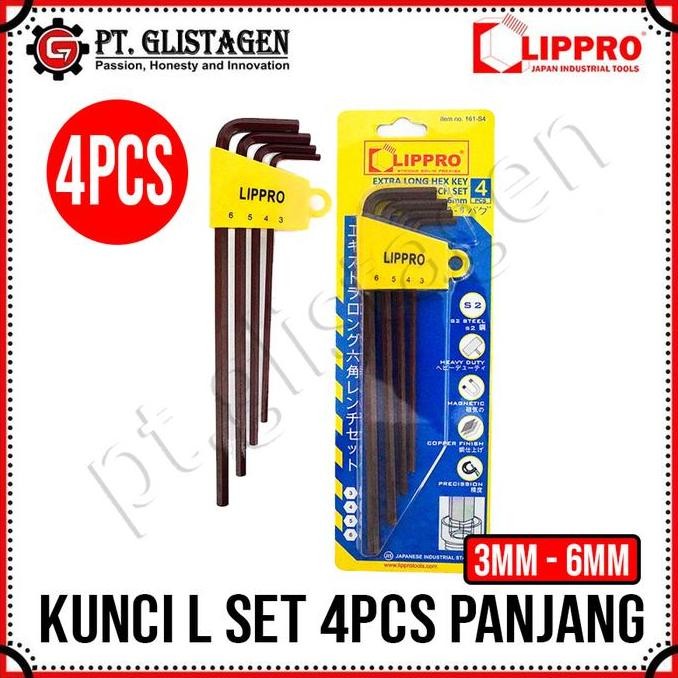 ready  Lippro 161-S4 Kunci L Set Panjang 4 Pcs Extra Long Hex Key Set 4pcs 3mm - 6mm Flat