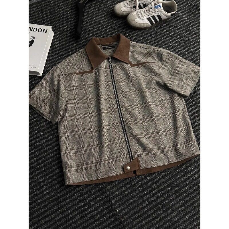 Roar Wild.YY-Jaket Tipis Musim Panas Pria Kerah Kulit Houndstooth Kemeja Lengan Pendek
