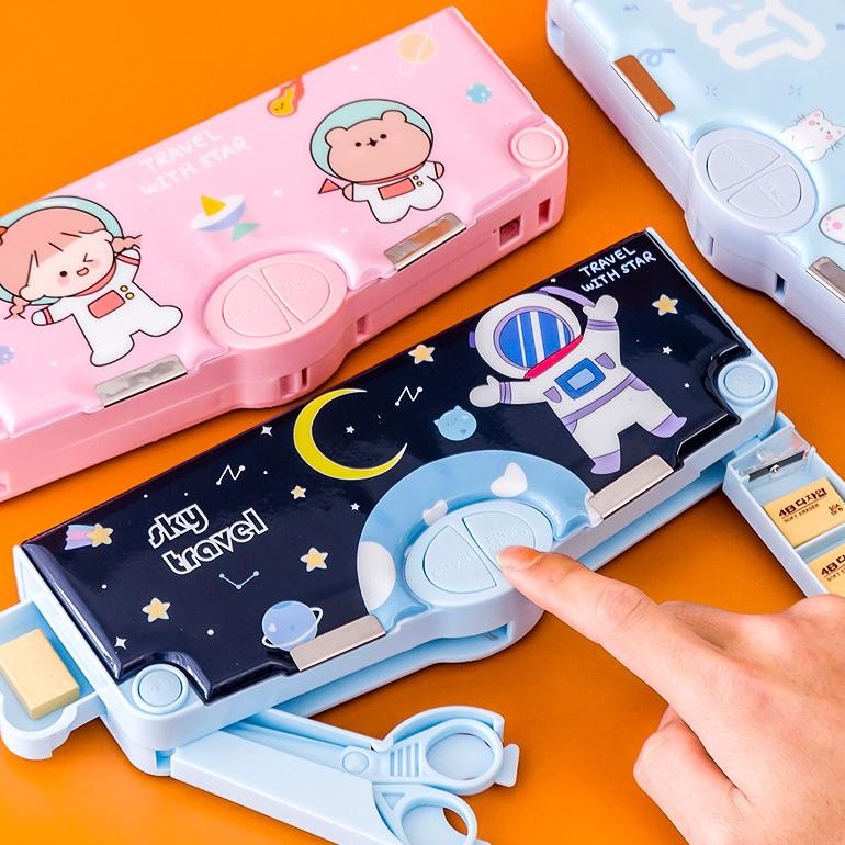 

Hnk Kotak Pensil Anak Sekolah Pola Kartun Lapisan Ganda Tunggal Dengan Rautan Multifungsi