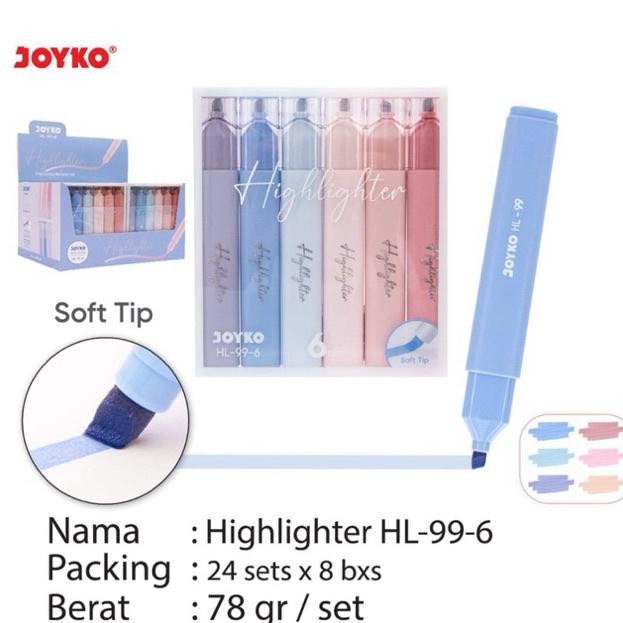 

( 1 set = 6 pcs ) Joyko HL-99-6 Highlighter Soft Tip / Penanda Berwarna Morandi isi 6 warna HL99 DiM