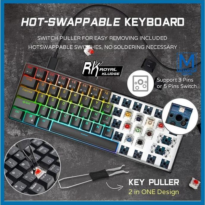 ROYAL KLUDGE RK61 WIRELESS MECHANICAL KEYBOARD GAMING 60% HOTSWAP 61