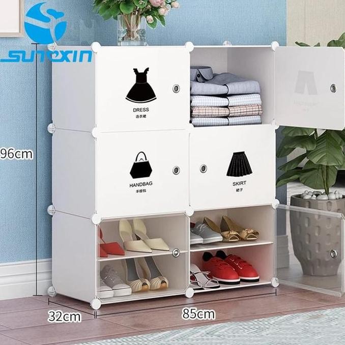 Rak Sepatu Plastik Portable Bongkar Pasang Rak Serbaguna Susun 4 Pintu