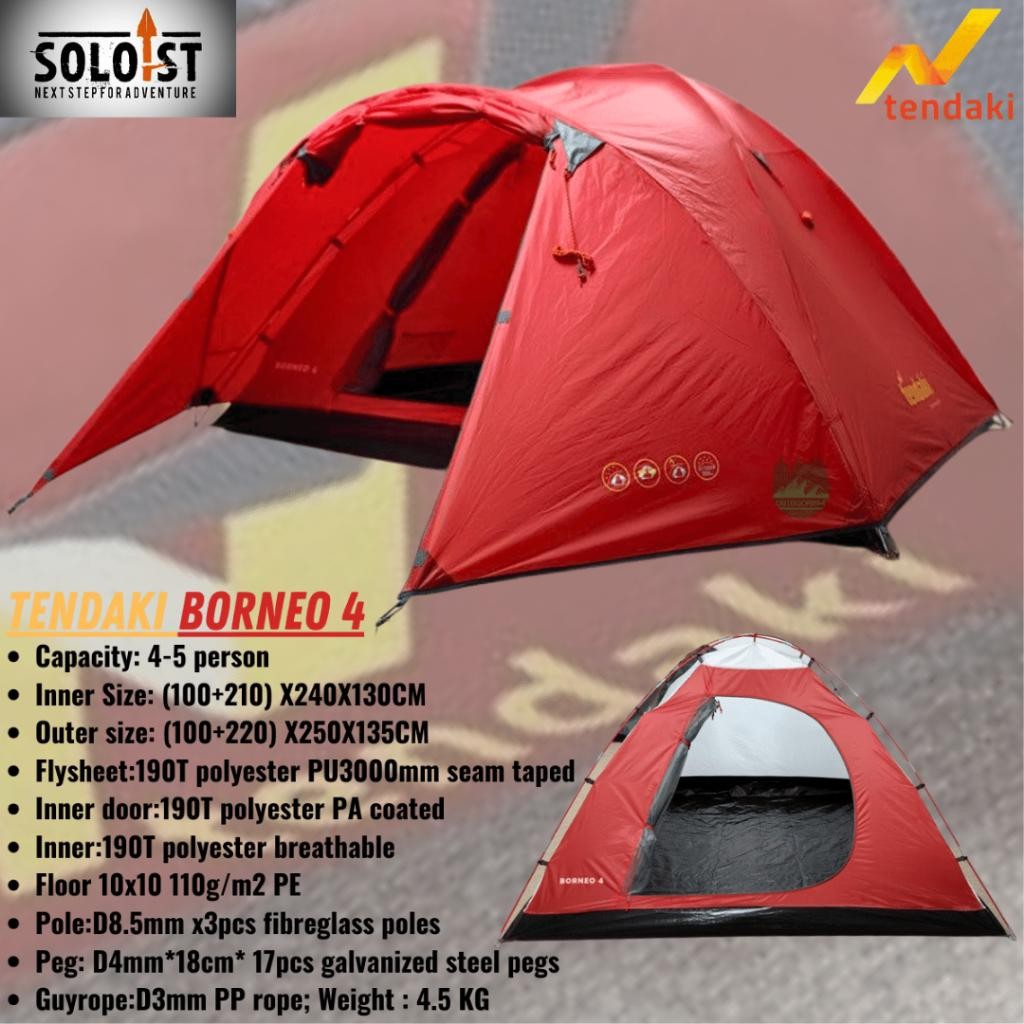 Soloist || Tenda Camping Borneo 4 Kapasitas 4-5 Orang | Tenda Camping Double Layer Lwy Compass | Ten