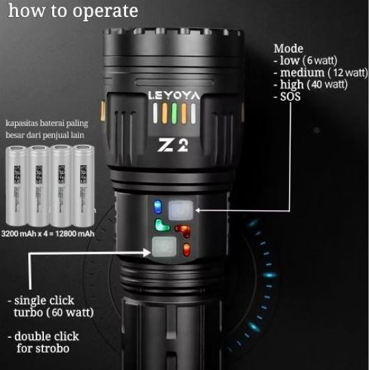 Senter Super Terang Leyoya Z2 60 Watt 4000 Lumens New Best Quality 100% Original