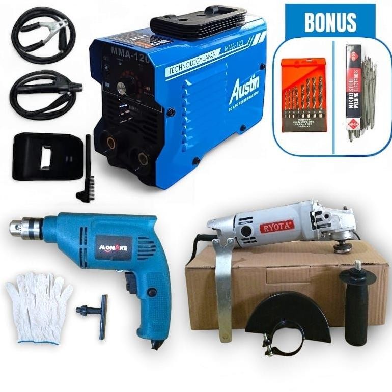 PAKET MURAH Mesin Las Listrik 415 watt AUSTIN BONUS KAWAT LAS + Gerinda Tangan 4" RYOTA + BOR 10MM M