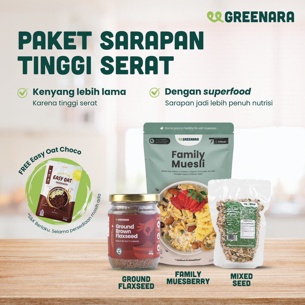 

Bundle Sarapan Berserat Greenara - Family Muesli 500gr, Ground Brown Flaxseed 100gr dan Mixed Seed 250gr