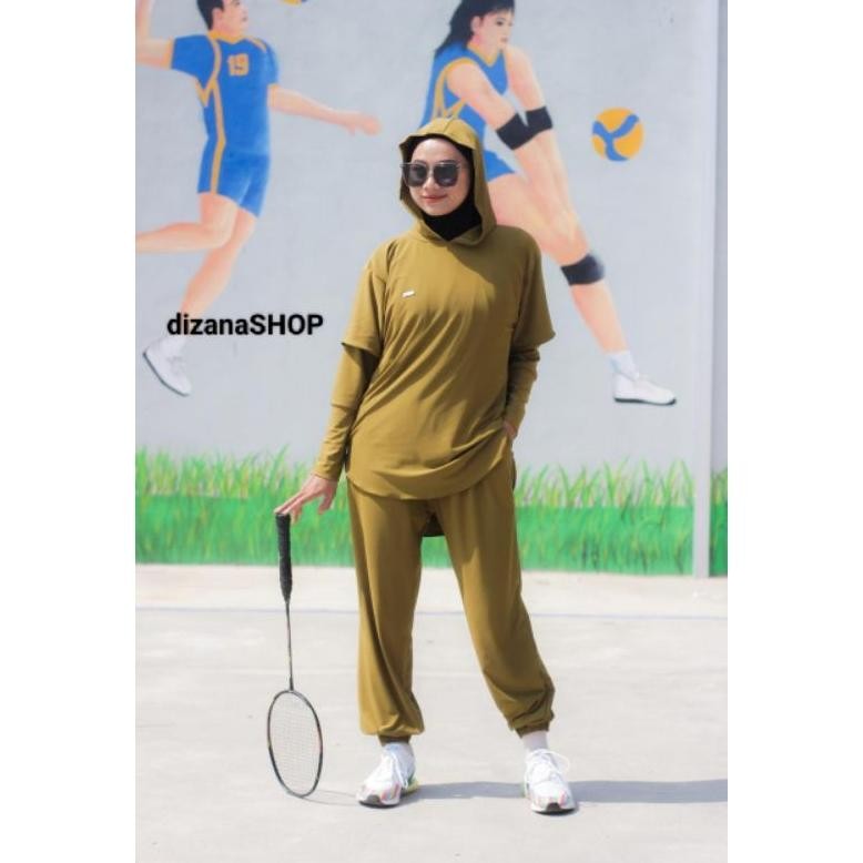 jenita one set 3 in 1 baju olahraga wanita muslimah set sport jilbab atasan celana
