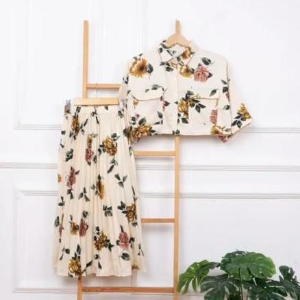 One Set Fuji / One Set Clara Kemeja Crop & Rok Midi Plisket