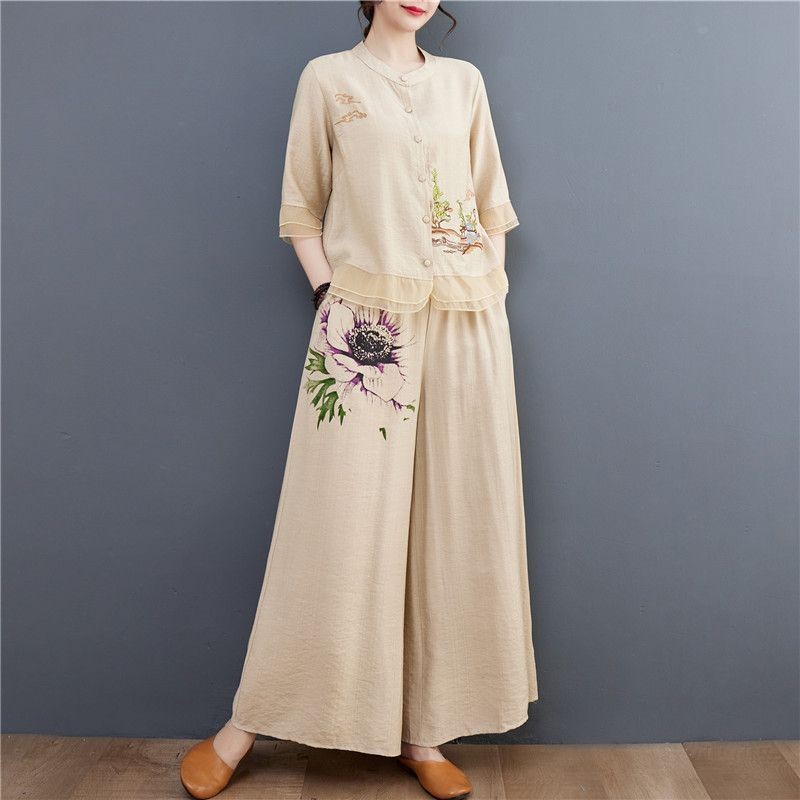 Cotton Linen Cardigan Chinese Style Linen Embroidery Loose Two-Piece Set