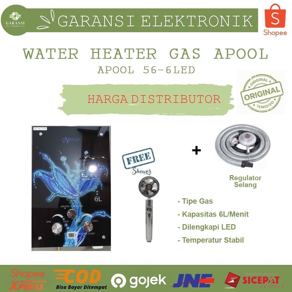 APOLLO WATER HEATER GAS KACA 56 6 LED PEMANAS AIR KAMAR MANDI KAPASITAS 6 LITER DENGAN FITUR LED MUL