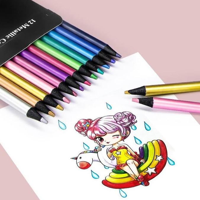 

12Pcs Metallic Colored Pencils Non-Toxic Art Stationery Drawing