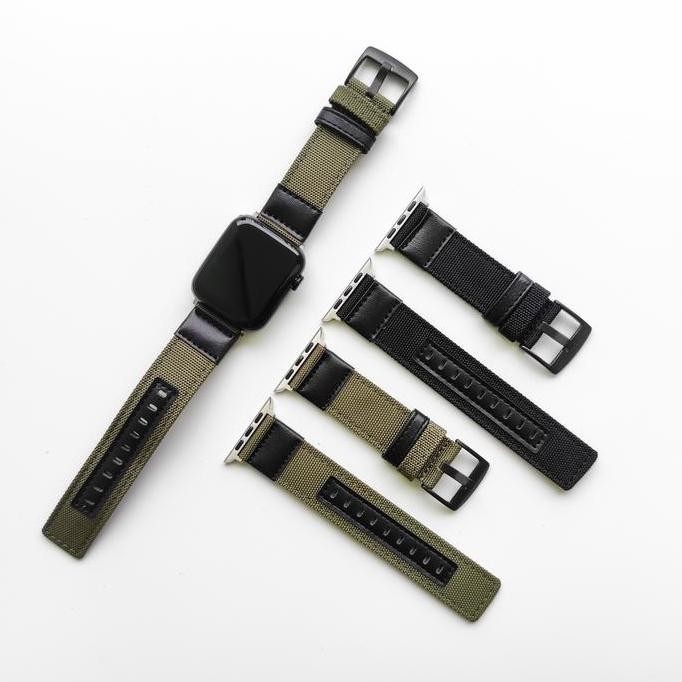 Ori - Strap Kanvas Nylon Kulit Apple Watch 38-44Mm - Tali Jam Kombinasi Kuat & Stylish