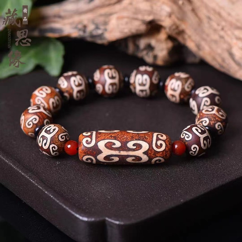 Tibetan Dzi Bead Ruyi Pattern Three-Eyed Dzi Bead Agate Bracelet