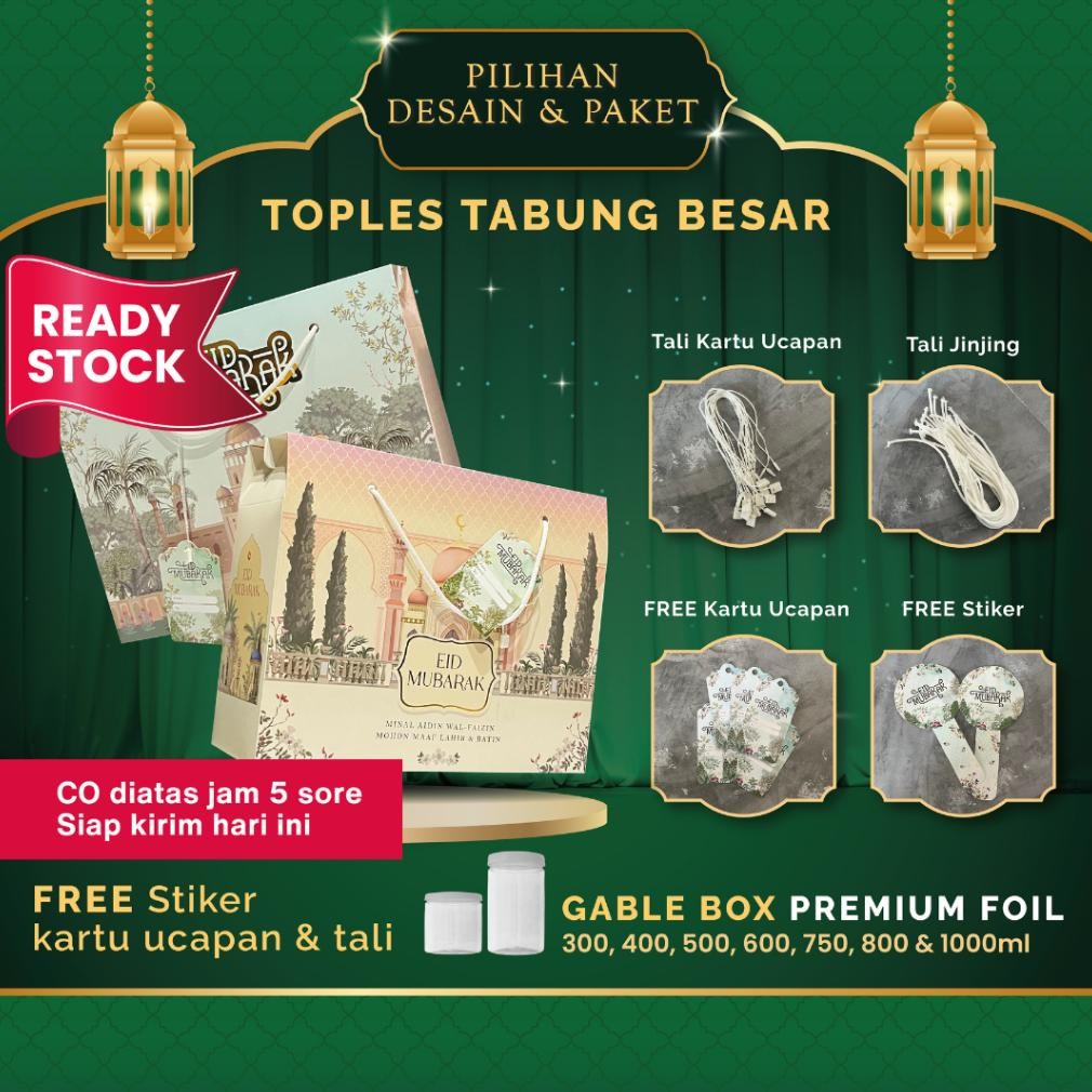 

df-8 AS25 Gable Box Kotak Hampers Lebaran Idul Fitri Toples Tabung Besar Premium Finishing Foil Gold Timbul Ukuran (27x9x21,6 Cm) Muat Toples Tabung (300ml, 400ml : 6 Toples) Atau (500ml, 600ml, 750ml, 800ml Dan 1000ml : 3 Toples) Murah Termurah