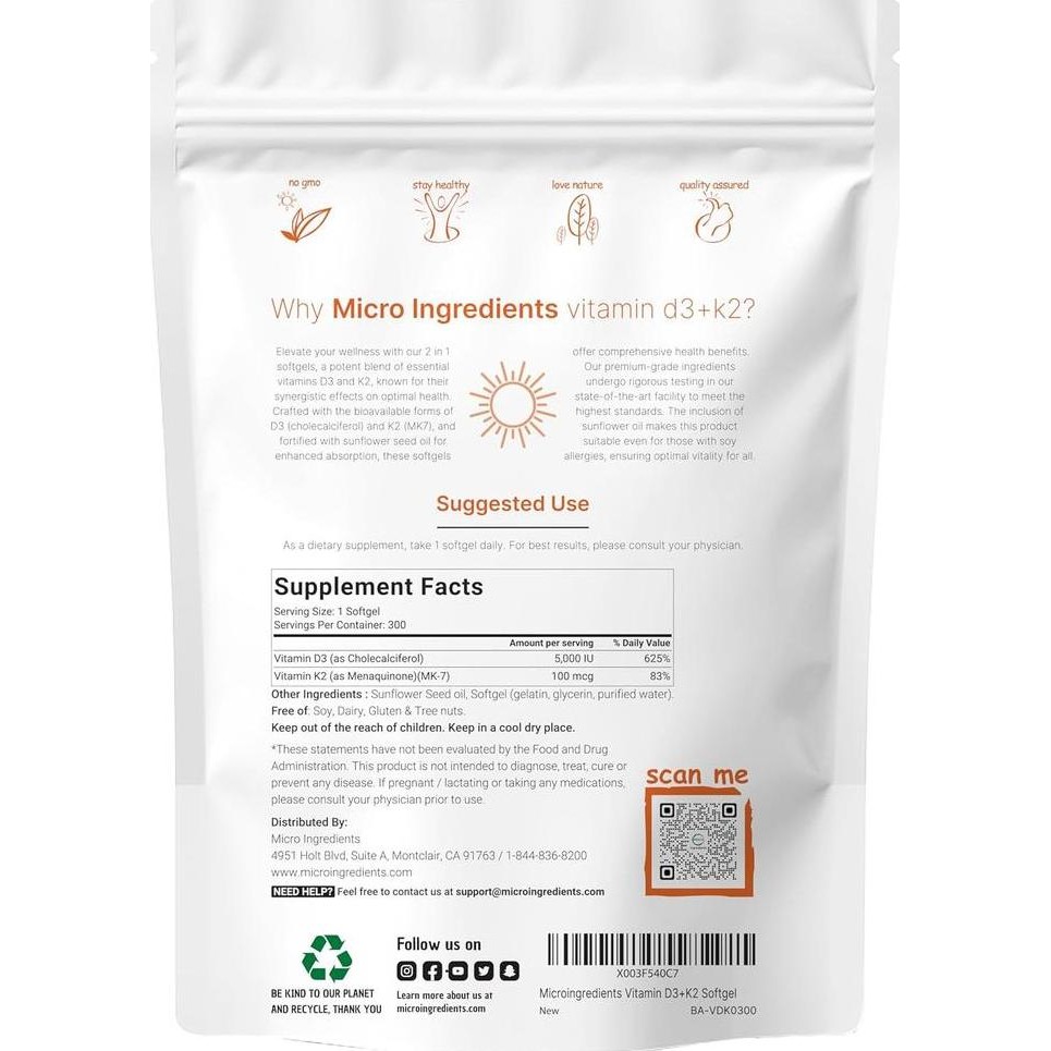 Micro Ingredients MicroIngredients Vitamin D3 5000IU K2 100mcg 300 gel
