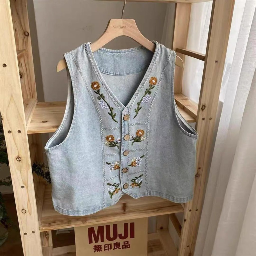 Rompi Denim Vintage Bordir Wanita Jaket Tanpa Lengan Longgar