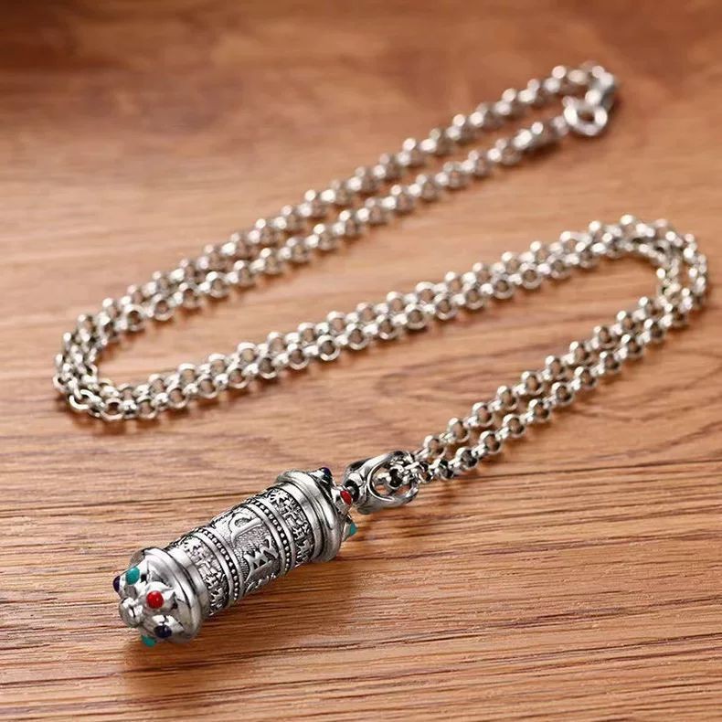 Elegant Tibetan - Style Silver Prayer Wheel Pendant Necklace for Women, Embellished with Colorful Ge