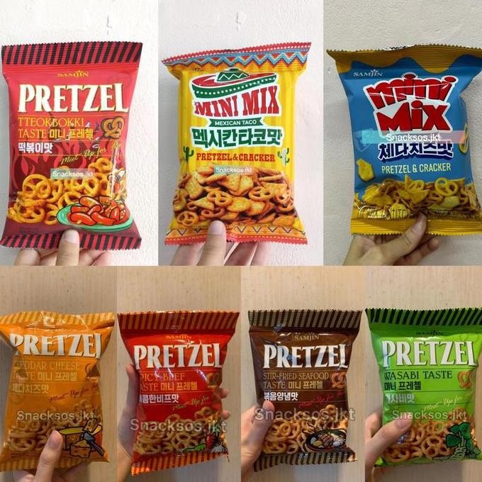 

SAMJIN PRETZEL CHEDDAR CHEESE TASTE / SPICY BEEF / STIR-FRIED SEAFOOD / WASABI / SAMJIN MINI MIX CHEDDAR / MEXICAN TACO / TTEOKBOKKI TOPOKKI