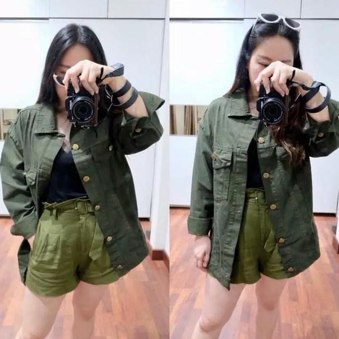 JAKET JEANS WANITA OVERSIZE WARNA HIJAU ARMY