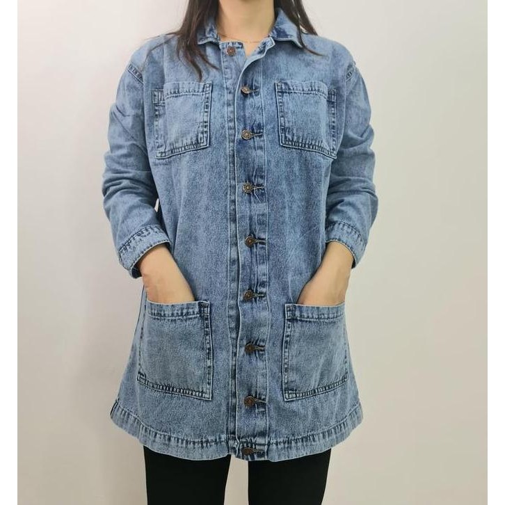Minola Jaket denim Yasmin Atasan wanita Jeans Muslimah Kancing Panjang Cewek Syari Long Tunik Tebal 