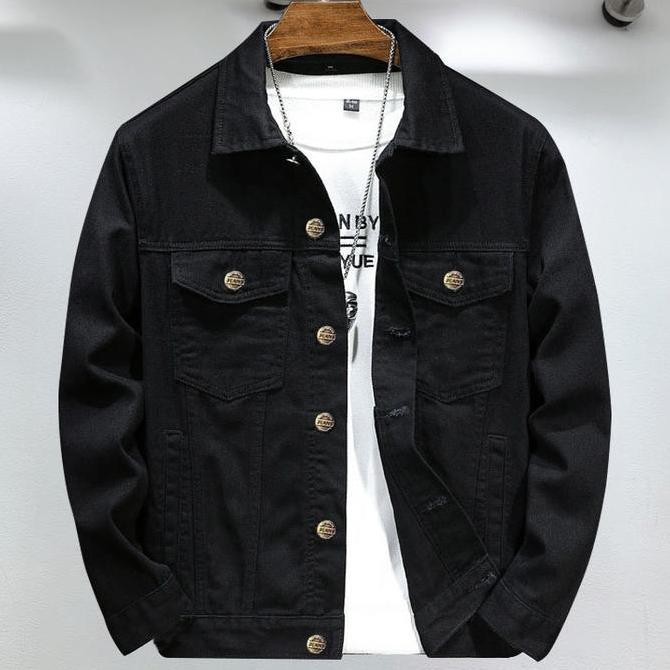 JAKET JEANS DENIM POLOS PRIA WANITA Nyaman Panjang Hitam Hitam Blazer Casual