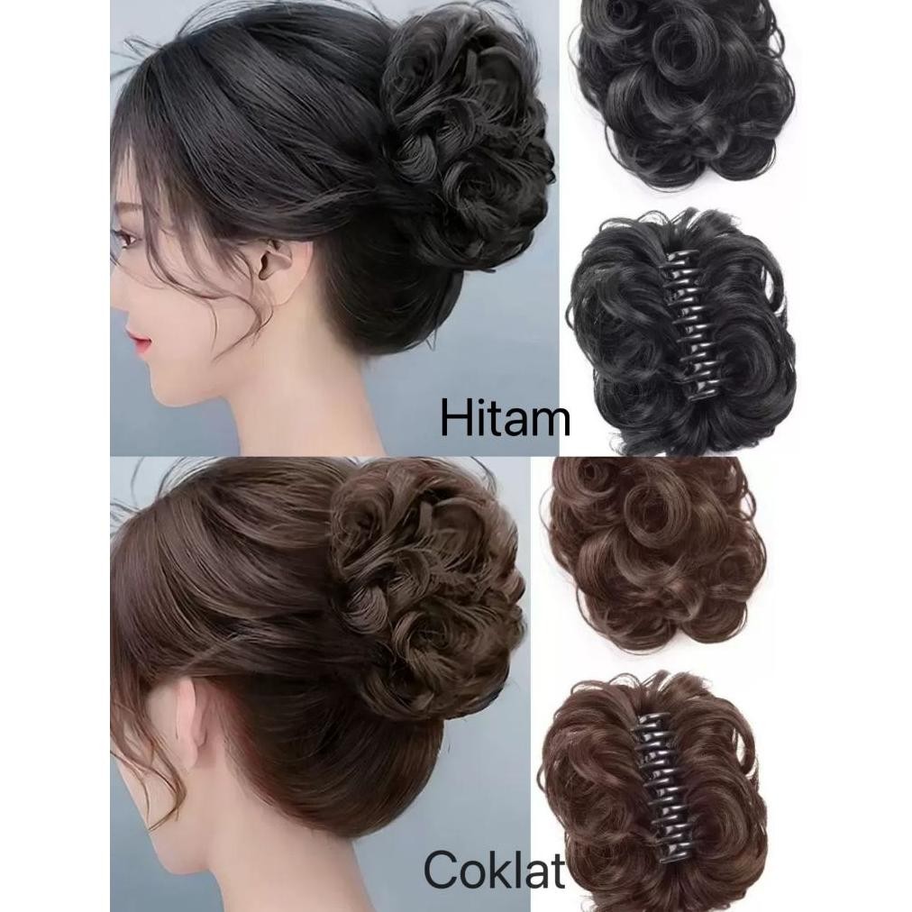 Ikat Rambut Palsu Cepol Keriting Bun Wanita Korea / rambut palsu sanggul hitam coklat