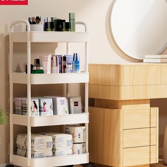 Rak Susun Serbaguna Rak Trolley Dorong Bayi Plastik Rak Salon Rak Kamar Mandi Dengan Roda Dan Pegang