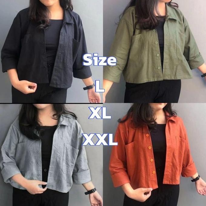 Baju Atasan Kemeja Hem Shirt Katun Crop Top Kuliah Kampus Hitam Army Abu Abu Pink Biru Langit Teraco