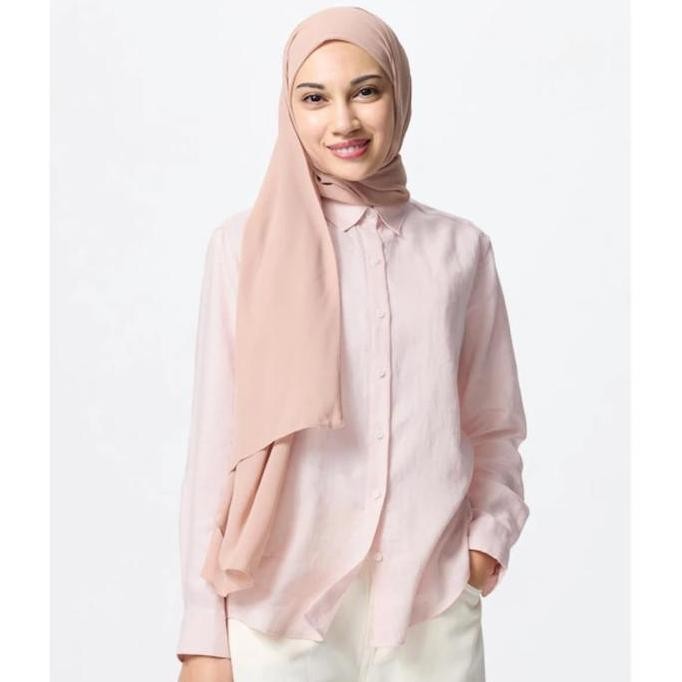 UNIQLO Women Kemeja Wanita Premium Linen Lengan Panjang Pink