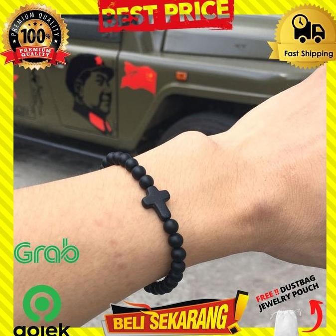 Promo - Gelang Pria Batu Salib Lava Stone Hitam Natural Simple Premium G313