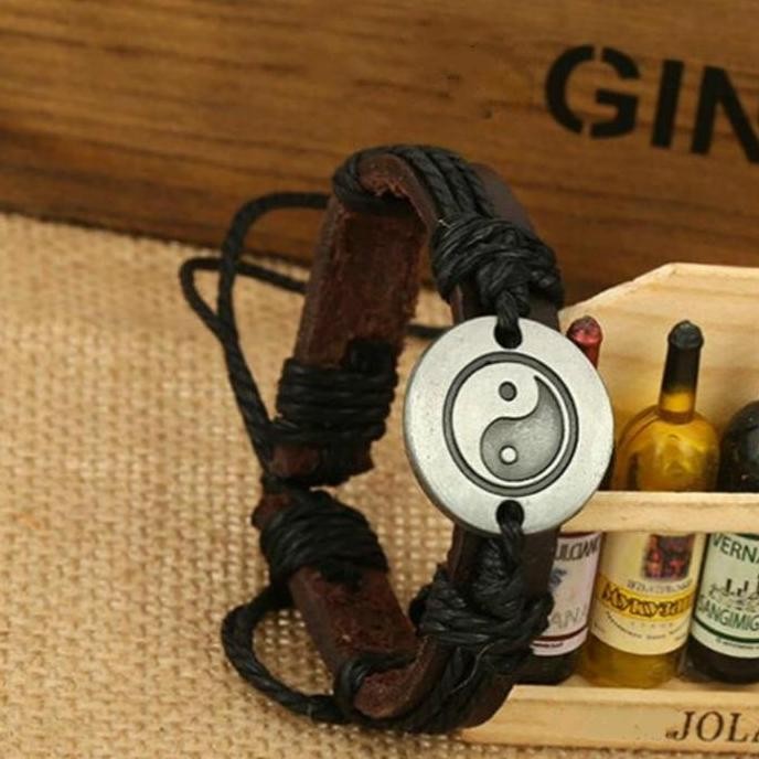 Tersedia - Gelang Kulit Pria Yin Yang Original / Gelang Couple Kulit Asli G13