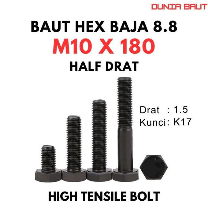 Baja 8.8 Baut M10X180 / Baut 10X180 / M10 X 180 / 10 X 180  Grade 8.8 HTB - High Tensile Bolt 88 Hal