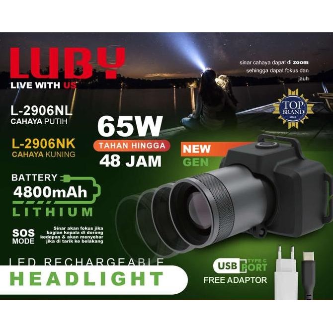 Terbaru Senter Kepala Zoom Luby 65 Watt / Headlamp Zoom Luby L2906/2906/2906Nl