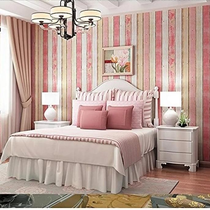 PAKET 5 ROLL Wallpaper Stiker Dinding Kayu Rustik Pink Putih Ukuran 45Cm X 10M Wallpaper Rika