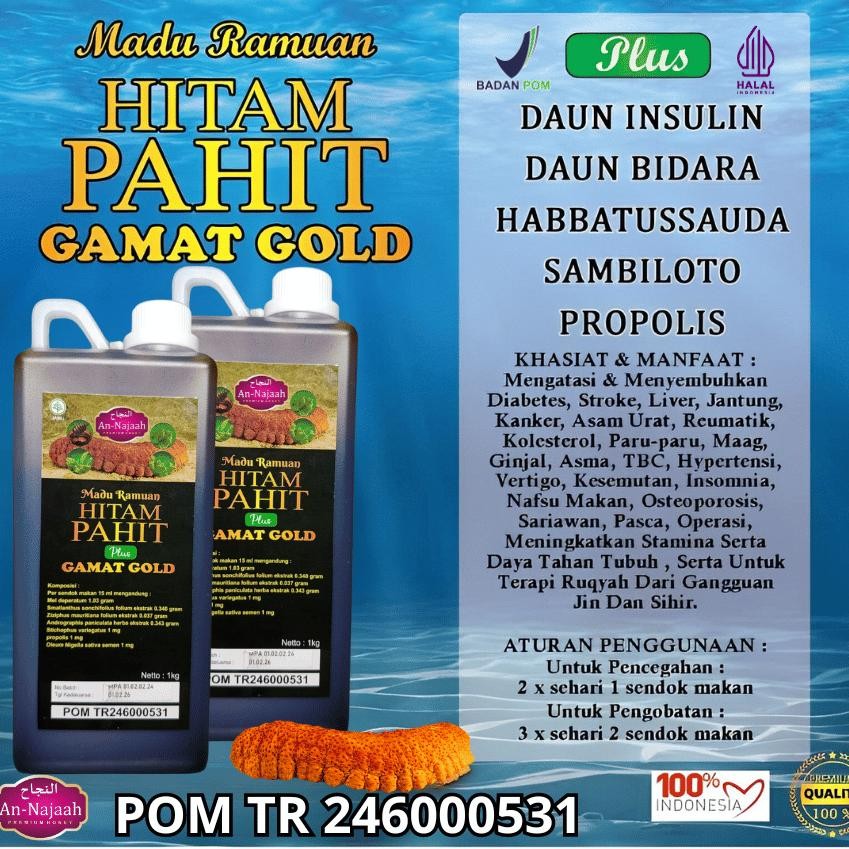 

Madu Hitam Pahit Gamat Gold 1 kg Plus Daun Insulin Dan Sambiloto asli AN-NAJAAH Original Bpom Nugi