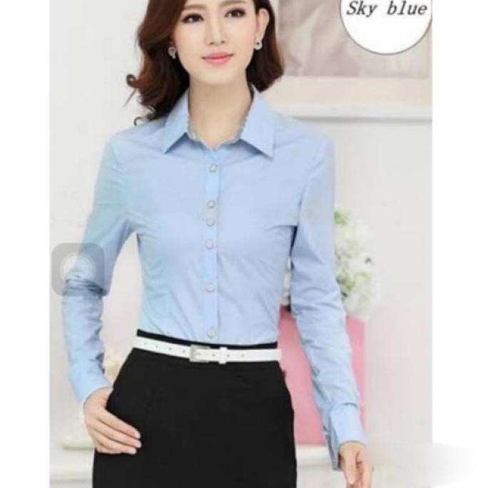 ATASAN KEMEJA WANITA SKY BLUE BIRU MUDA KATUN STRETCH BIRU LANGIT (telor asin) LENGAN PANJANG Baju k