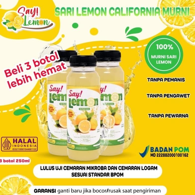 

Saylemon Paket 3 botol 250ml BPOM Sari Jus juice Air Lemon Peras Asli Ori Original 100% Murni Fresh Segar Sehat Menyehatkan Daya Tahan Tubuh Diet Detox Detoks Langsing Pelangsing Melangsingkan Vitamin C Nugi