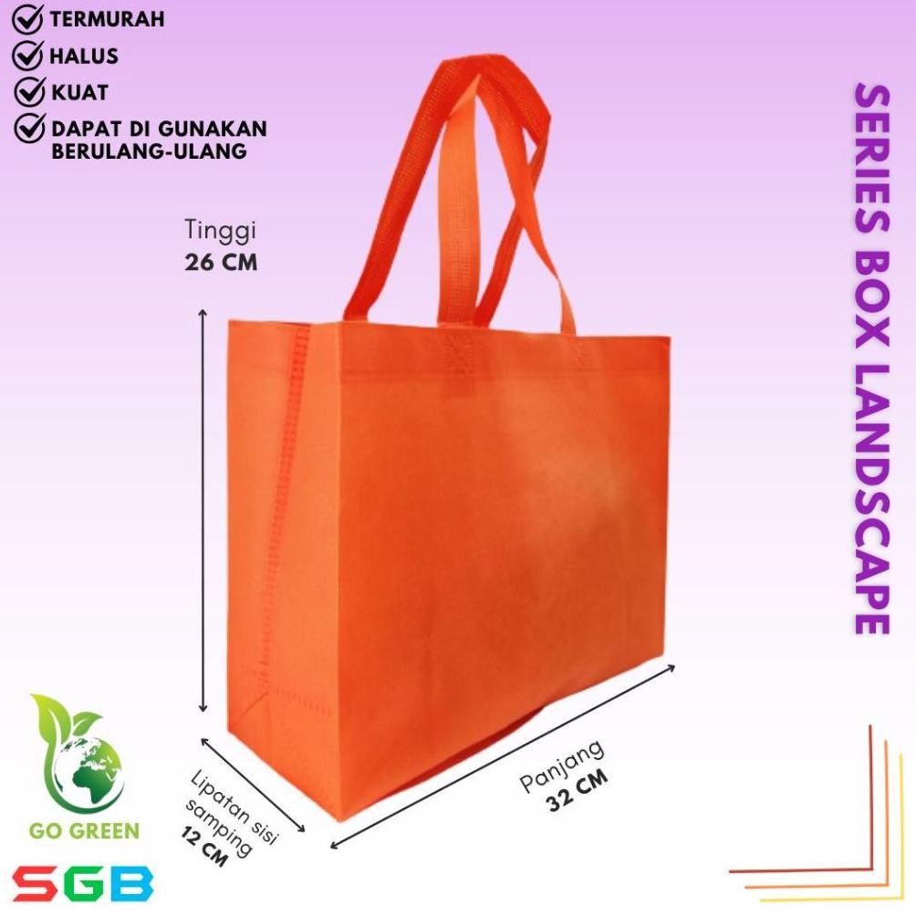 

Tas Spunbond Handle Box Model Landscape uk 32x26x12 harga Per LUSIN / Goodie Bag / Tas kain POLOS Nugi