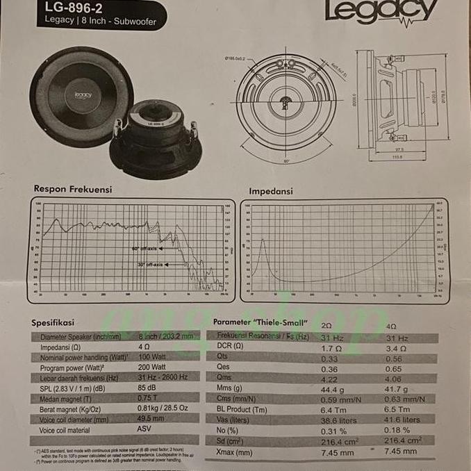 Speaker Subwoofer 8 inch Legacy 8 LG 896-2 . Subwoofer 8" Legacy 896