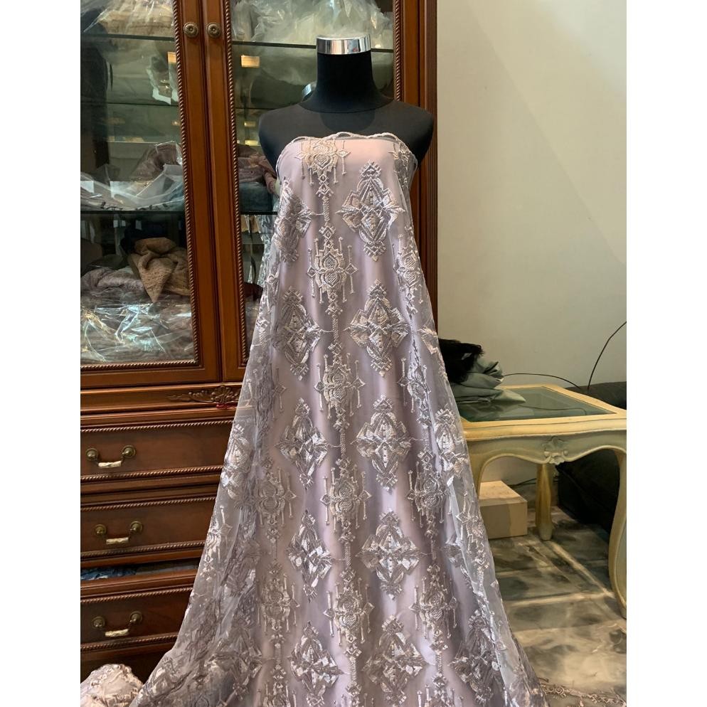 DF208>> Bahan Kain Brokat Tile Bordir Etnik Keraton Diamond Warna Mauve