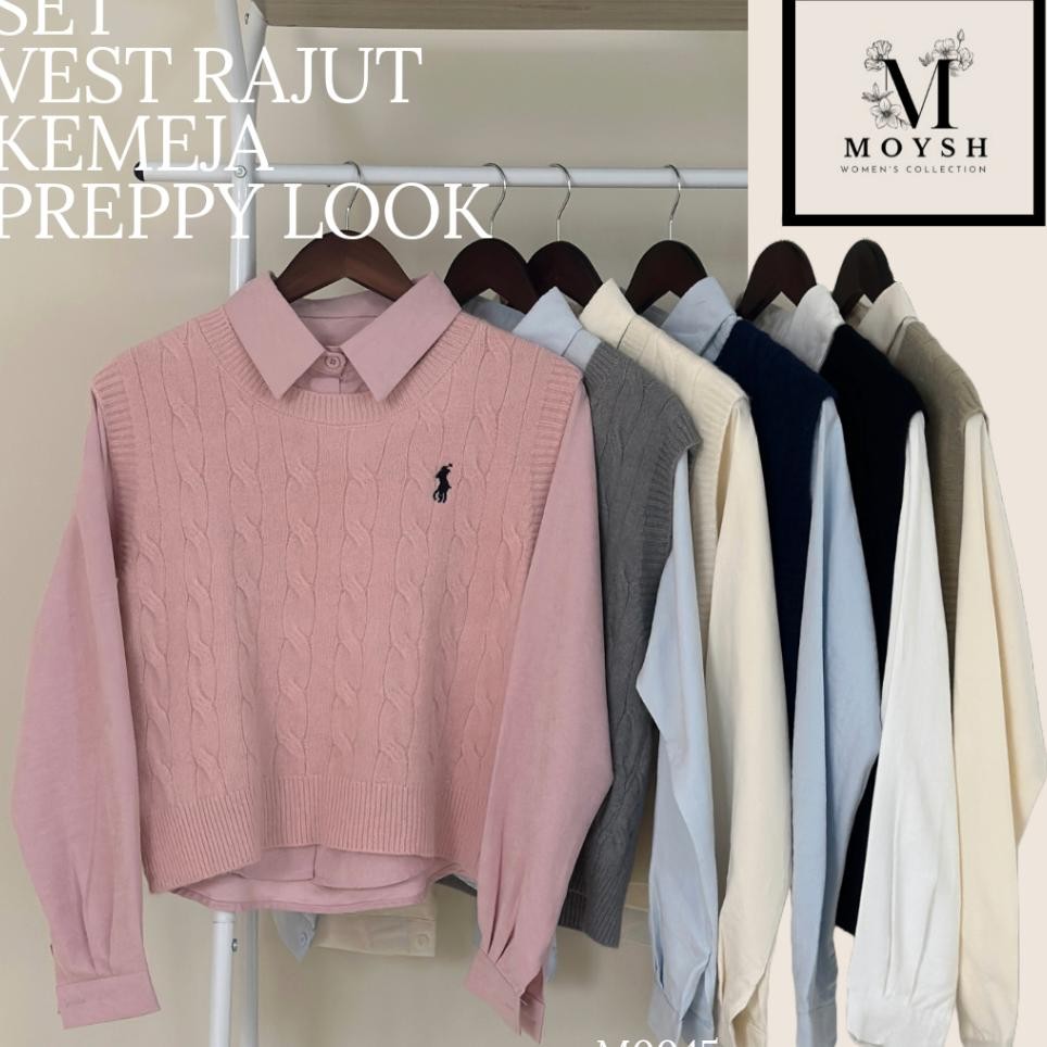 Moysh Set Vest Rajut Kemeja Polos Baju Perempuan Is Atasan Cute Gaya Korean Preppy