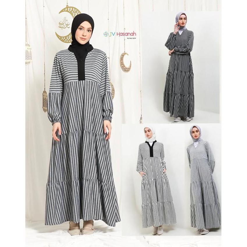 JV Hasanah Asyifa Ruffle Big Stripes Dress - Gamis Salur Susun Adem, Flowy