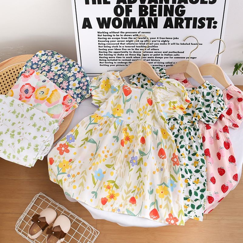 2025Gaun Sutra Katun Anak Perempuan Fashion Anak Gaya Eropa Gaun Lengan Mengembang Gaun Panjang Bung