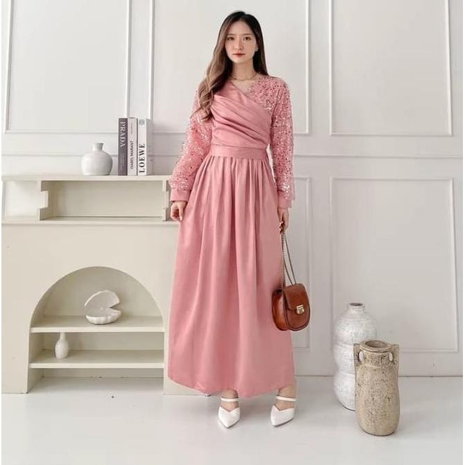 Dress kondangan kristen lengan panjang gaun elegant valentina polos Formal Wanita Pesta Satin Mewah 