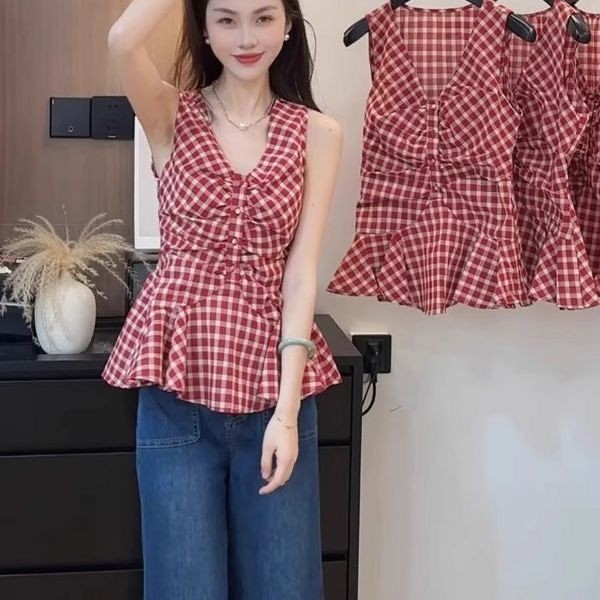 Pola kotak-kotak merah baru v Kerah T Baju Wanita KAOS