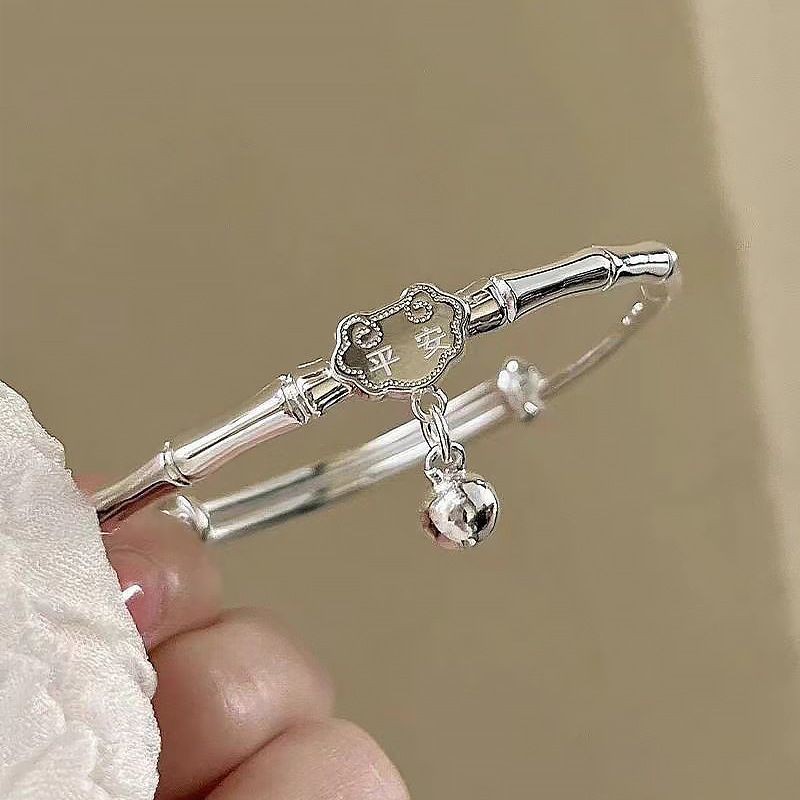 999Gelang Perak Murni Simpul Bambu untuk Wanita dengan Lonceng