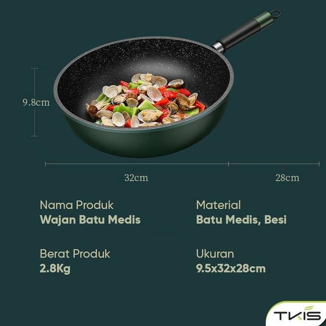 TKIS Wajan Batu Medis Wajan Anti Lengket Tahan Gores 32Cm Wajan Hijau HM